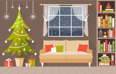 New Year s interior vector. A cozy room decorated for Christmas. Illustration in a flette style.