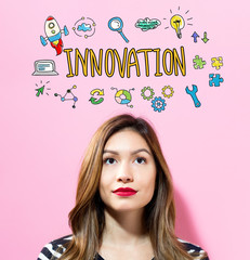 Innovation text with young woman on a pink background
