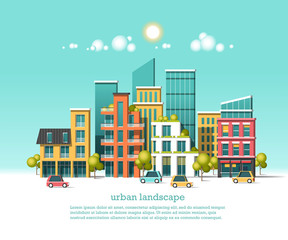 Green energy and eco friendly city. Modern architecture, buildings, hi-tech townhouses, cars, green roofs, skyscrapers. Flat vector illustration. 3d style.