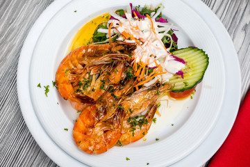 fries cuisine shrimp and salad