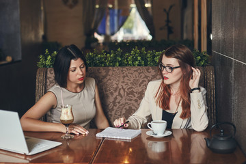 Two young caucasian businesswomen with laptop. Women in cafe