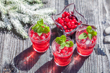 Cranberry drinks with mint on dark rustic wooden background, selective focus