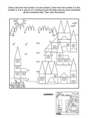 Educational connect the dots picture puzzle and coloring page - letter T and toy town. Answer included.
