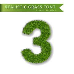 Grass number three. Green number three isolated on white background. Green grass 3, symbol of fresh nature, plant lawn, summer. Grass 3D texture spring font. Beautiful eco design Vector illustration