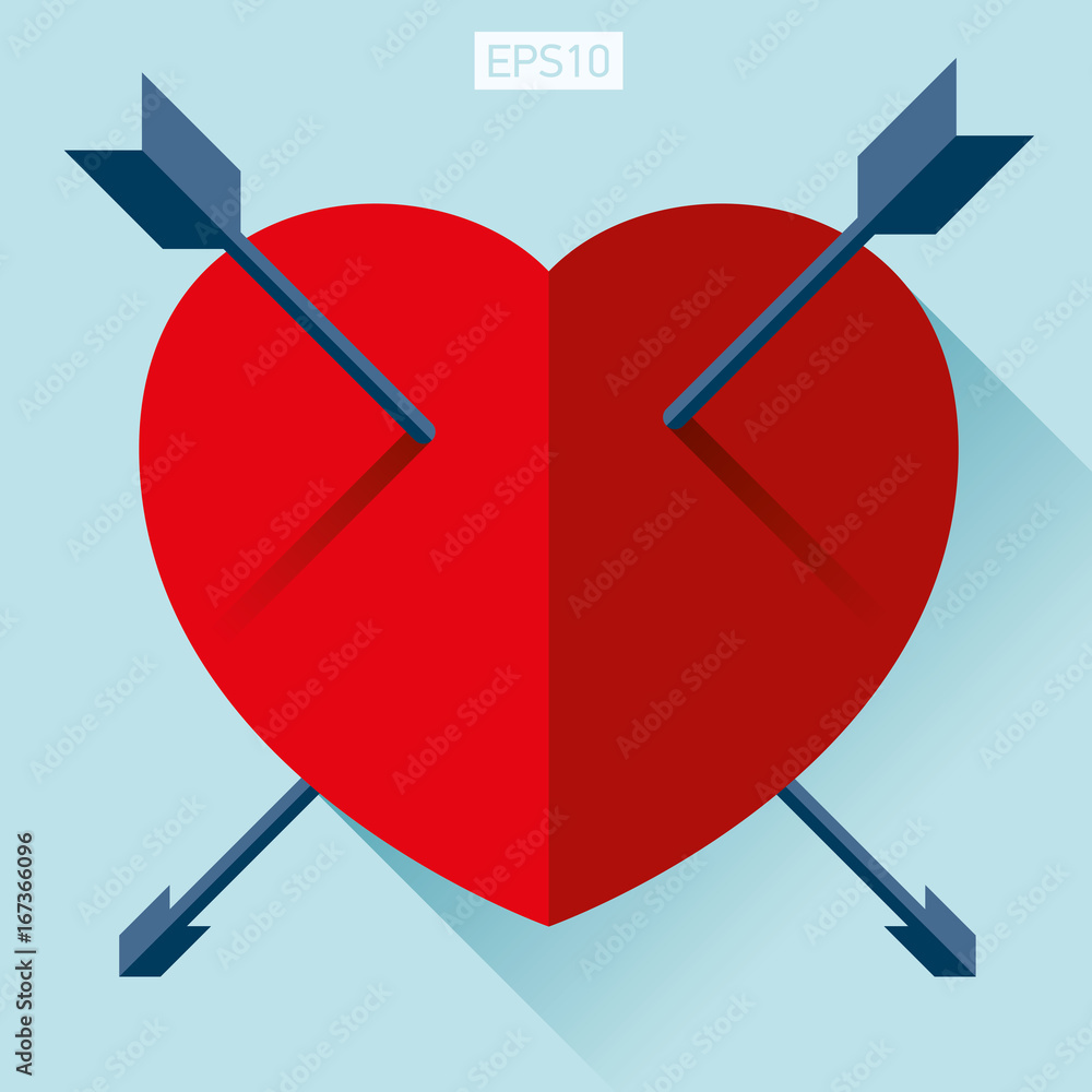 Poster heart icon in flat style on color background. two arrow in the center. vector design element