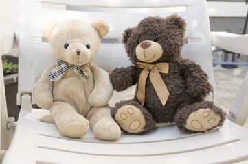 Two cute plush bears sitting on white seat and talking, eye contact, beige teddy bear and dark brown teddy bear, both with ribbon