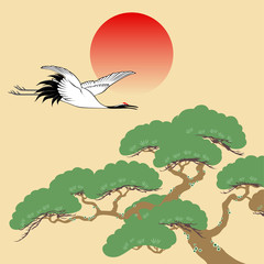Obraz premium Japanese crane and pine tree with rising sun illustration
