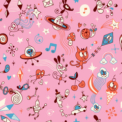 fun cartoon comic characters group seamless pattern
