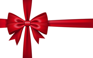 Gift bow ribbon silk. Red bow tie isolated on white background. 3D gift bow tie for Christmas present, holiday decoration, birthday celebration. Decorative satin ribbon element Vector illustration