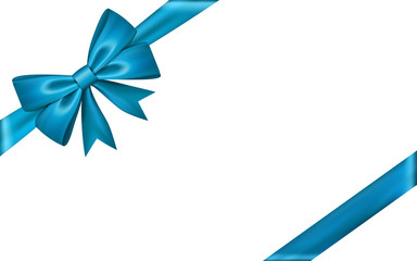Gift bow ribbon silk. Blue bow tie isolated white background. 3D gift bow tie for Christmas present, holiday decoration, birthday celebration. Decorative satin ribbon element Vector illustration