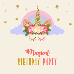 Birthday party card with unicorn