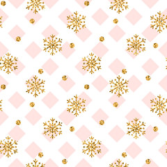 Christmas gold snowflake seamless pattern. Golden snowflakes on pink and white rhombus background. Winter snow texture wallpaper. Symbol holiday, New Year celebration Vector illustration