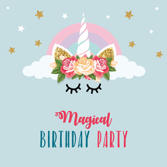 Birthday party card with unicorn