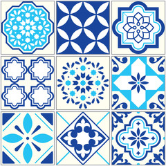 Vector tiles blue pattern, Lisbon floral mosaic, Mediterranean seamless ornament