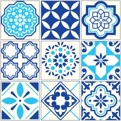 Tapeten Vector tiles blue pattern, Lisbon floral mosaic, Mediterranean seamless ornament © redkoala