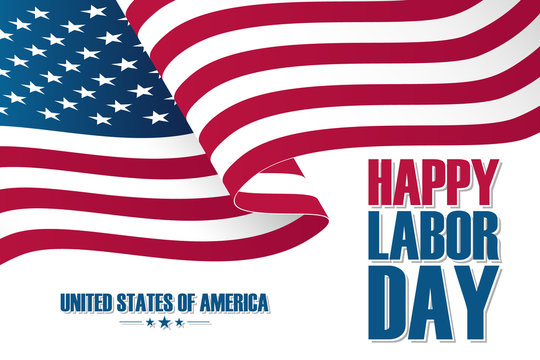 Happy Labor Day celebration card with waving United States national flag. Vector illustration.