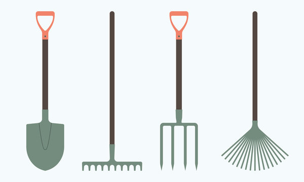 Shovel or spade, rake and pitchfork icons isolated on white background. Gardening tools design. Colorful vector illustration.
