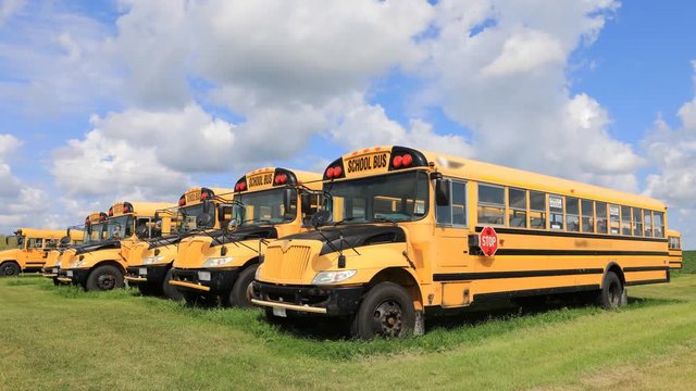 4K UltraHD Timelapse of waiting parked school buses