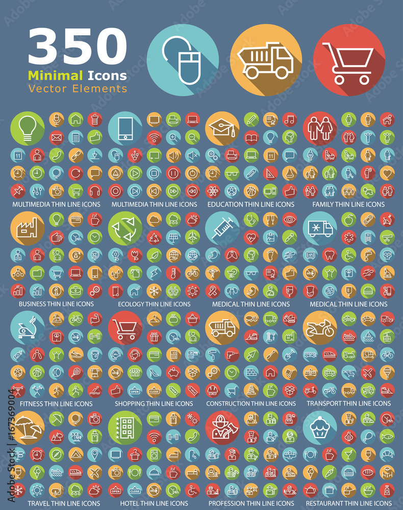 Poster set of 350 universal flat minimalistic elegant standard thin line icons on circular colored buttons 