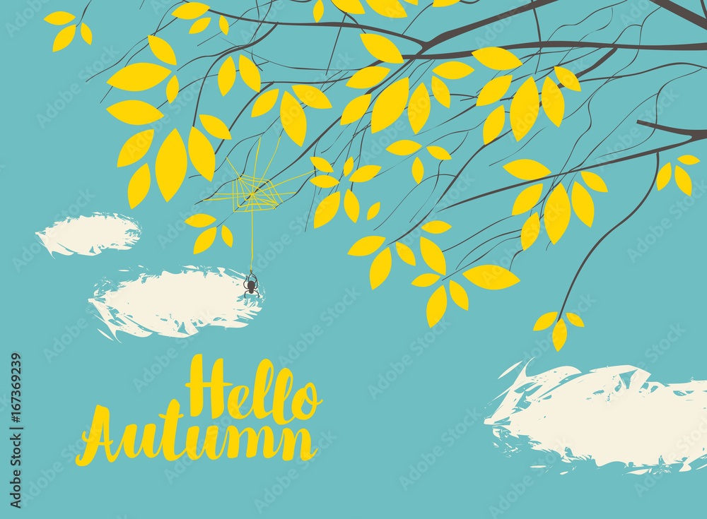 Poster vector banner with the words hello autumn. autumn landscape with autumn leaves on the branches of tr