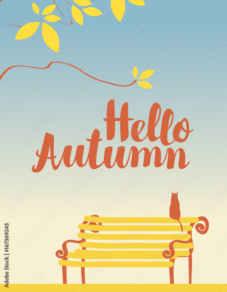 Aufkleber vector landscape in a retro style on the autumn theme with the inscription hello autumn, with the br