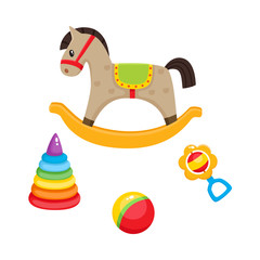 Set of vector baby toys in flat style. Rocking horse, plastic pyramid , striped ball and rattle toy. Isolated illustration on a white background. Children education, growth and development concept.
