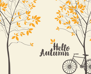 Vector landscape in retro style on the autumn theme with the inscription Hello autumn, trees and bike