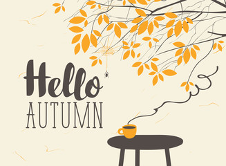 Vector landscape in retro style on the autumn theme with the inscription Hello autumn, with a cup of hot drink on the table and autumn tree