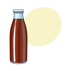 Side view drawing of bottle with chocolate milk, cocoa, sketch vector illustration with space for text. Hand drawn closed bottle of chocolate milk