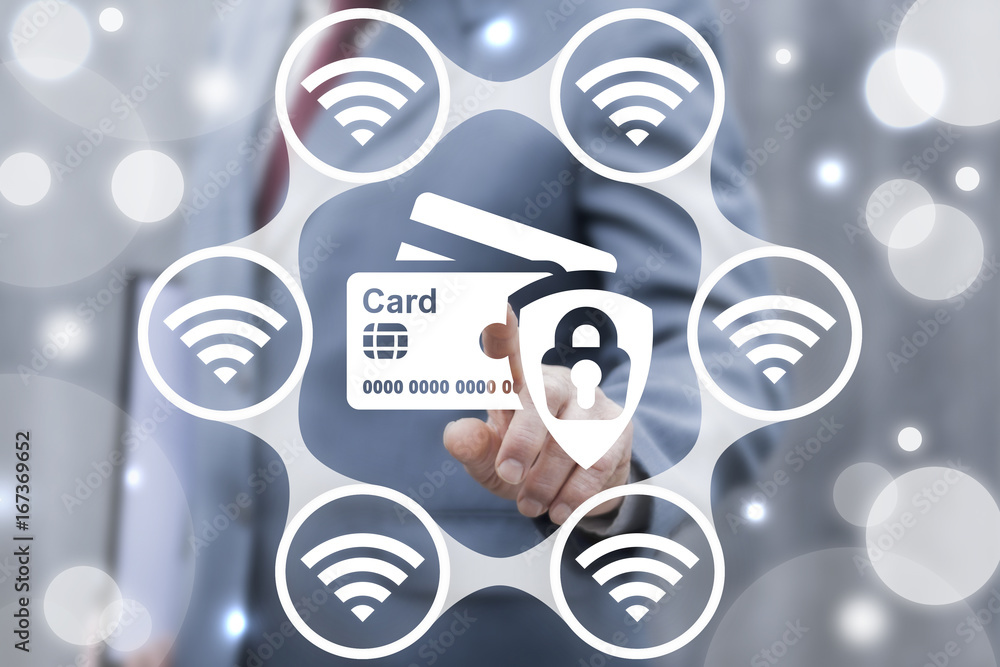 Poster credit cards banking money wireless transactions security concept. business man presses bank card sh