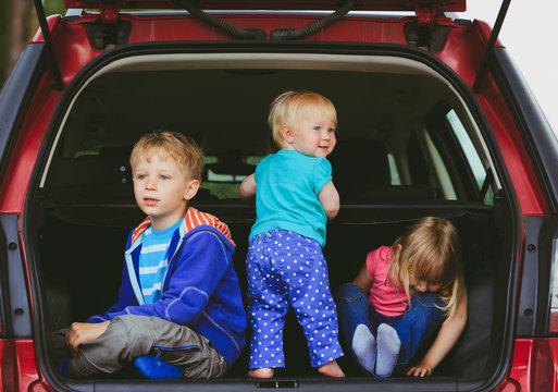 family travel - happy tree kids in car