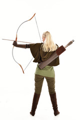 full length portrait of a blonde girl wearing green and brown medieval costume, holding a bow and arrow. isolated on white background.