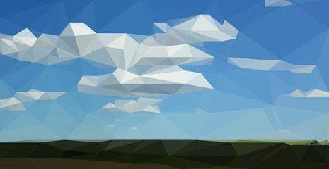 Abstract low poly farm landscape with field trees clouds and blue sky
