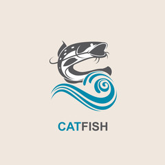 Obraz premium icon of black catfish with blue waves