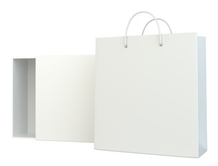 Blank box open and shopping bag on white background. 3d rendering.