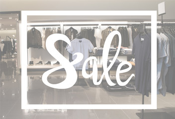 Sale text banner sign over men clothing store. Fashion modern style.