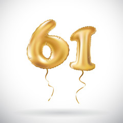 vector Golden number 61 sixty one metallic balloon. Party decoration golden balloons. Anniversary sign for happy holiday, celebration, birthday, carnival, new year.