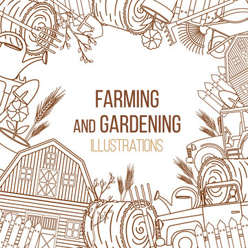 Set of farming equipment liine icons. Farming tools and agricultural machines decoration. Vector