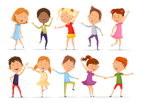 Set of isolated little boys and girls dancing