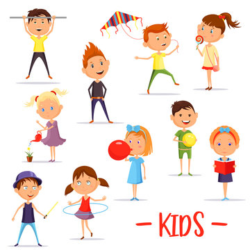 Set of isolated children or kids at their activity