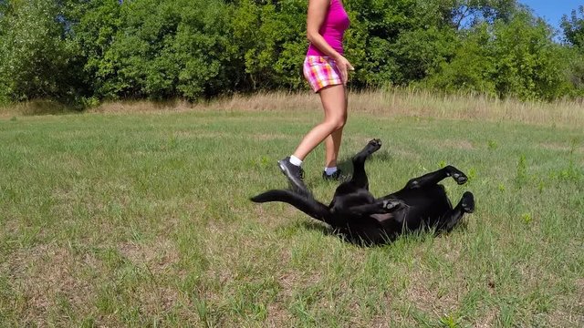 Woman playing with black dog in the park.