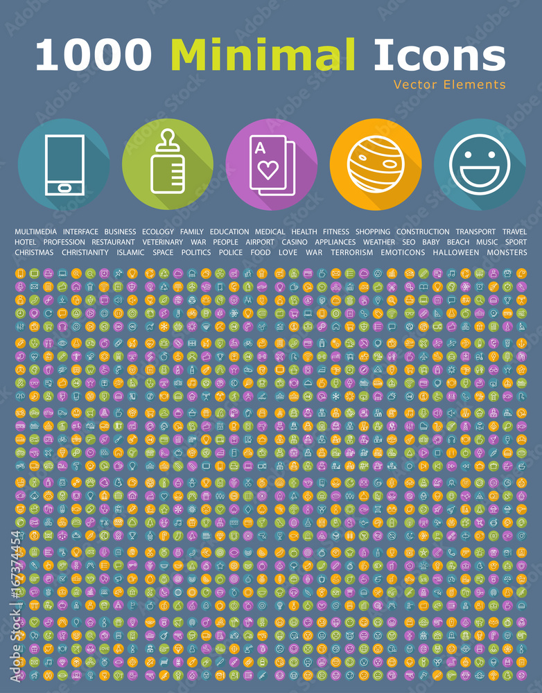 Poster set of 1000 elegant universal white minimalistic thin line icons on circular colored buttons on dark