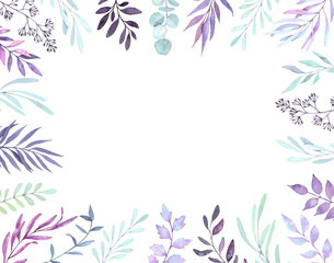 Hand drawn watercolor illustration. Autumn Botanical clipart. Frame with purple leaves, herbs and branches. Floral Design elements. Perfect for wedding invitations, greeting cards, prints