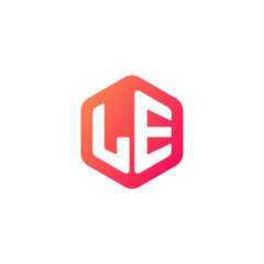 Initial letter le, rounded hexagon logo, gradient red orange colors