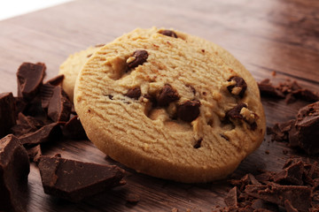 Chocolate chip cookies on table freshly baked