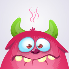 Happy cartoon monster. Vector Halloween pink furry monster