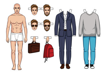 Fashionable modern set of clothes and accessorizes for men. Modern clothing ,casual style and business suit for men. Hand drawn Men's paper doll with clothes, shoes, bags and hairstyle