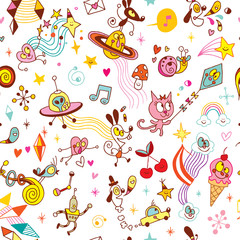 cartoon comic characters fun seamless pattern with note book paper background