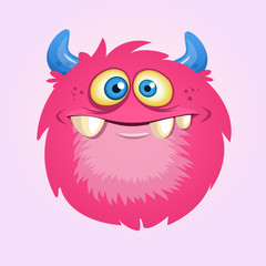Happy cartoon hairy monster. Vector Halloween pink furry monster