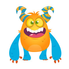 Cute cartoon silly horned monster. Vector troll or gremlin character 